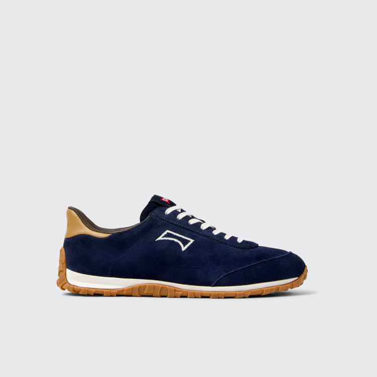 Side view of Drift Walk Blue and Brown Suede and Leather Sneakers for Men.