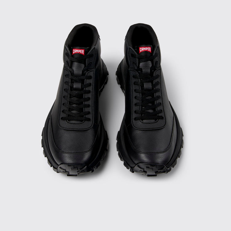 Overhead view of Drift Trail Black Leather Sneakers for Men.