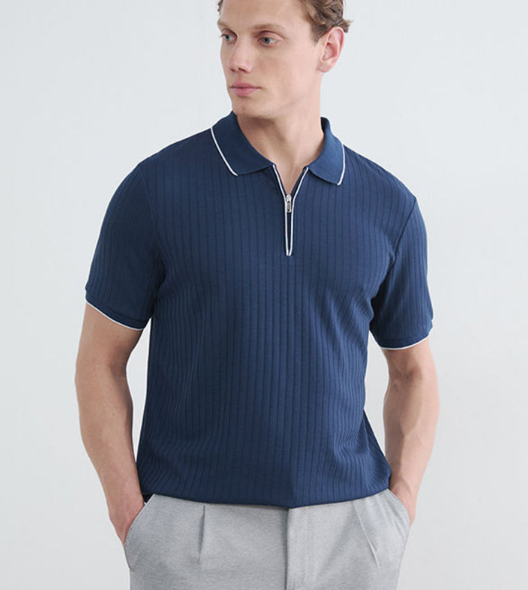 LC Waikiki Ribbed Short Sleeves Polo T-Shirt Blue