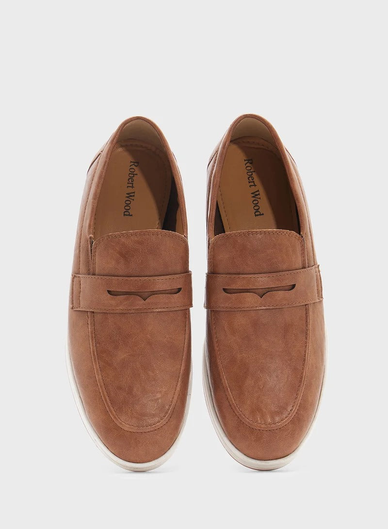 Robert Wood Saddle Detail Casual Slip Ons Loafers - Tan
