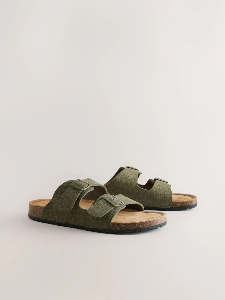 NEXT Green Weave Embossed Suede Two Buckle Sandals