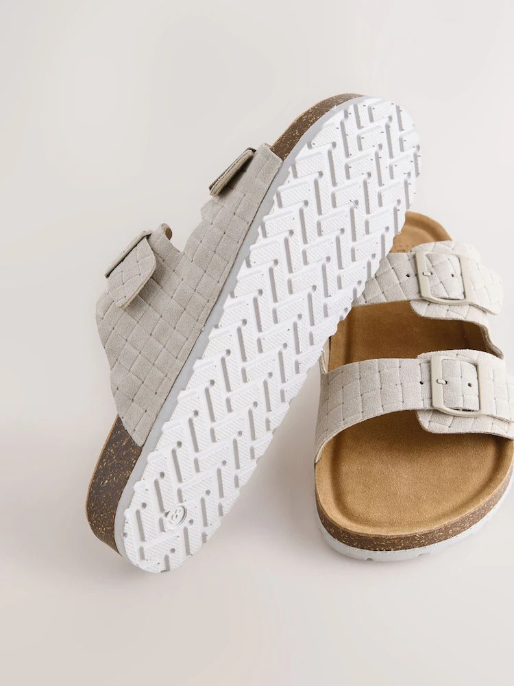 NEXT Cream Weave Embossed Suede Two Buckle Sandals