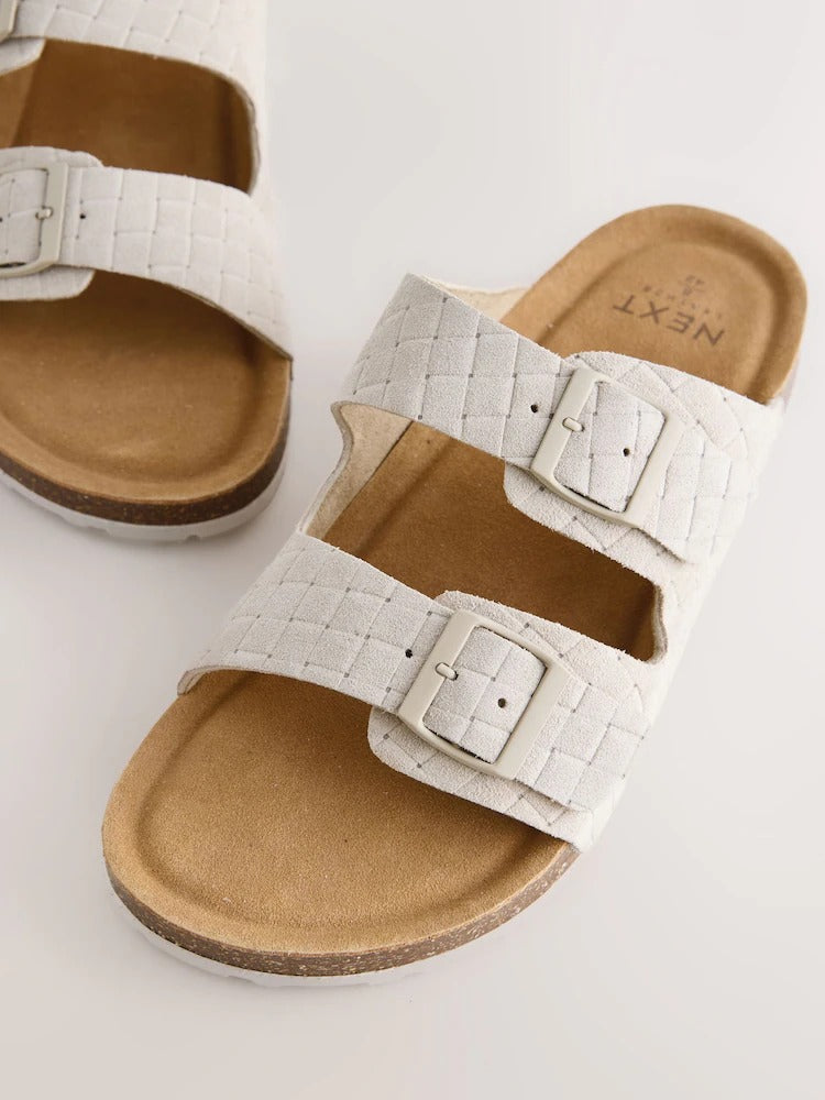 NEXT Cream Weave Embossed Suede Two Buckle Sandals