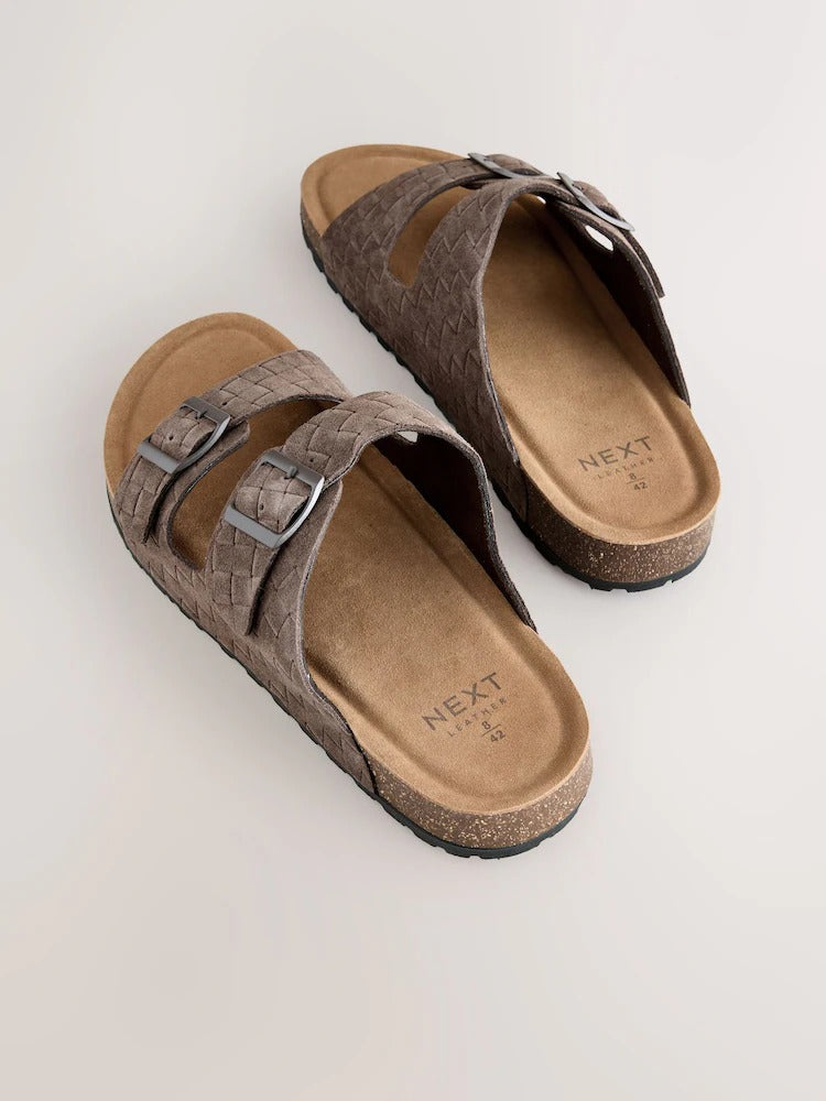 NEXT Brown Weave Embossed Suede Two Buckle Sandals