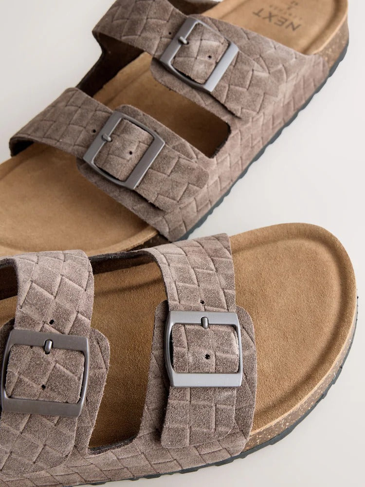 NEXT Brown Weave Embossed Suede Two Buckle Sandals
