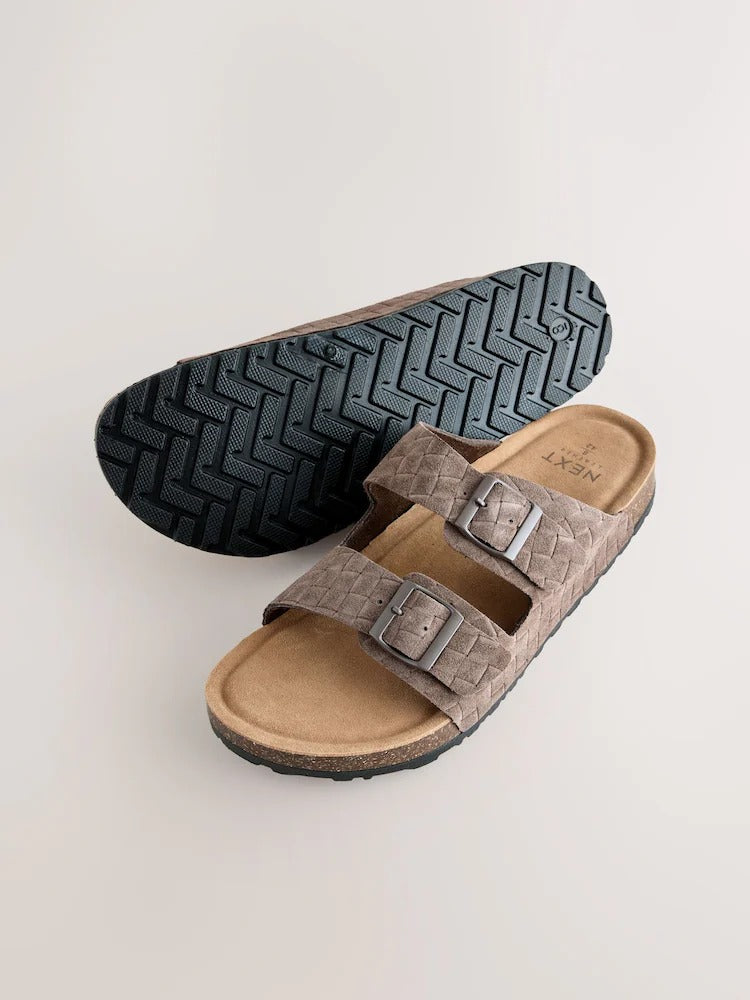 NEXT Brown Weave Embossed Suede Two Buckle Sandals