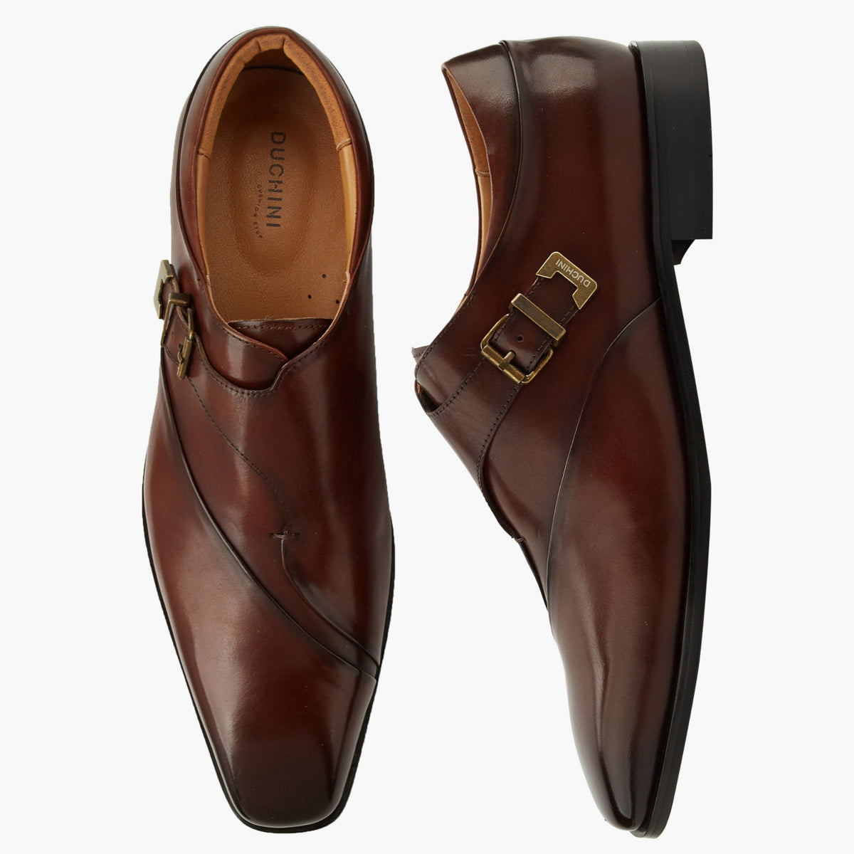 Duchini Men Buckled Leather Monk Shoes Brown