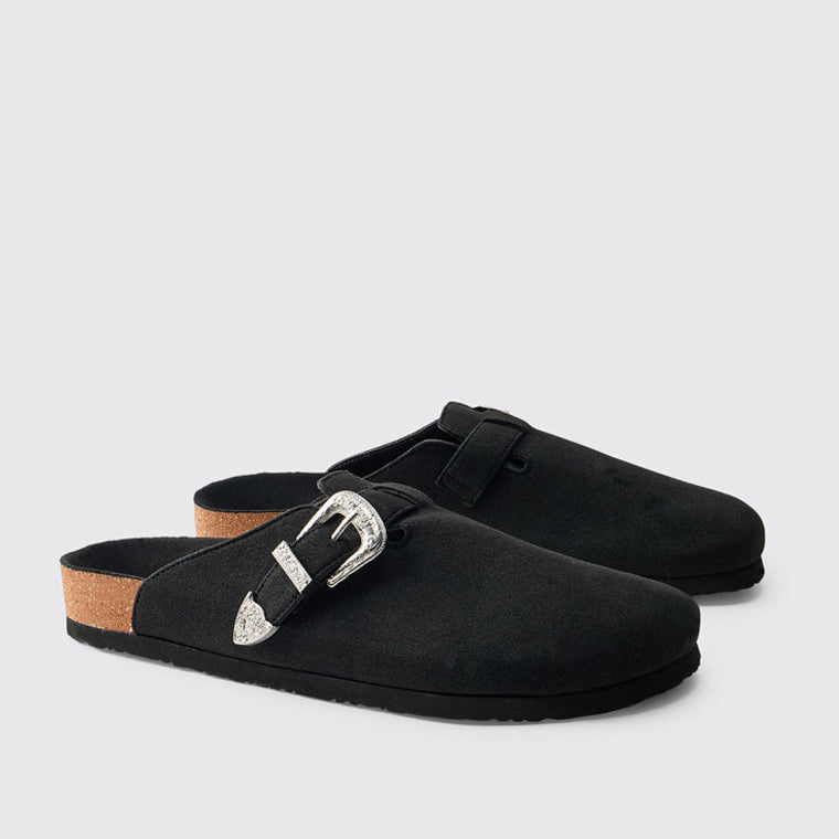 boohooMan Western Buck Faux Suede Mules Blk