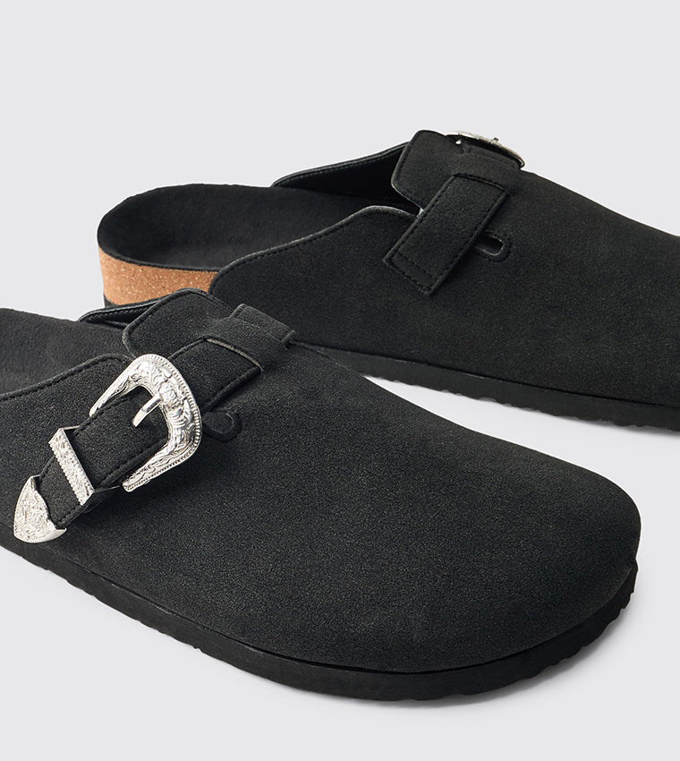 boohooMan Western Buck Faux Suede Mules Blk