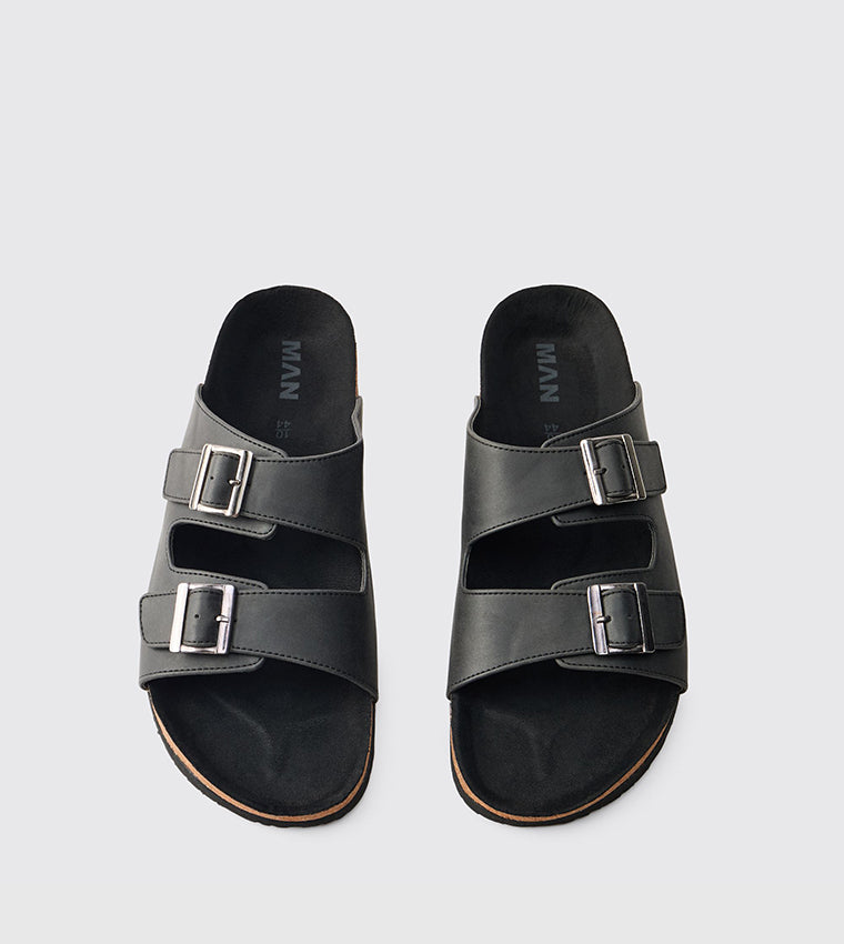 boohooMan PU Double Strap Sandal BLK