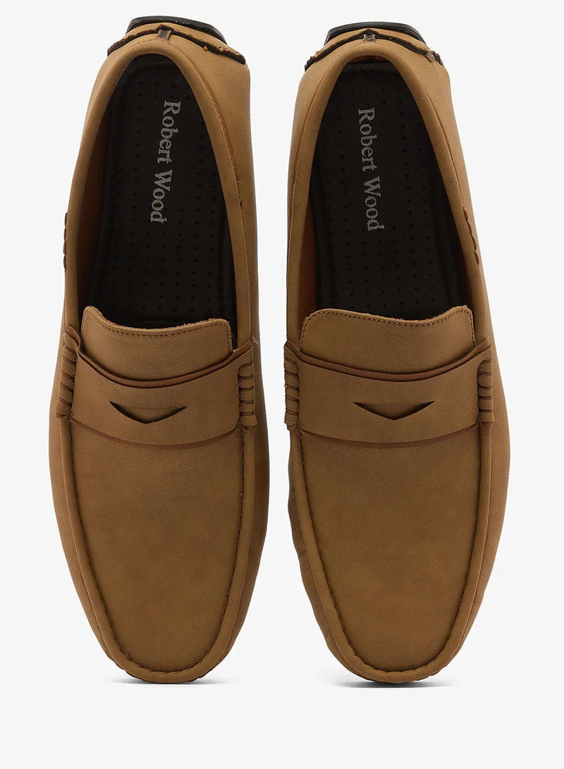 Robert Wood Men Suede-Look Penny Driving Loafers Beige Tm 3
