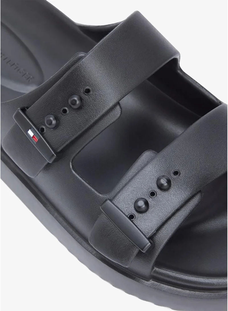 Tommy Hilfiger Black Lightweight Pin Buckle Serrated Pool Slides