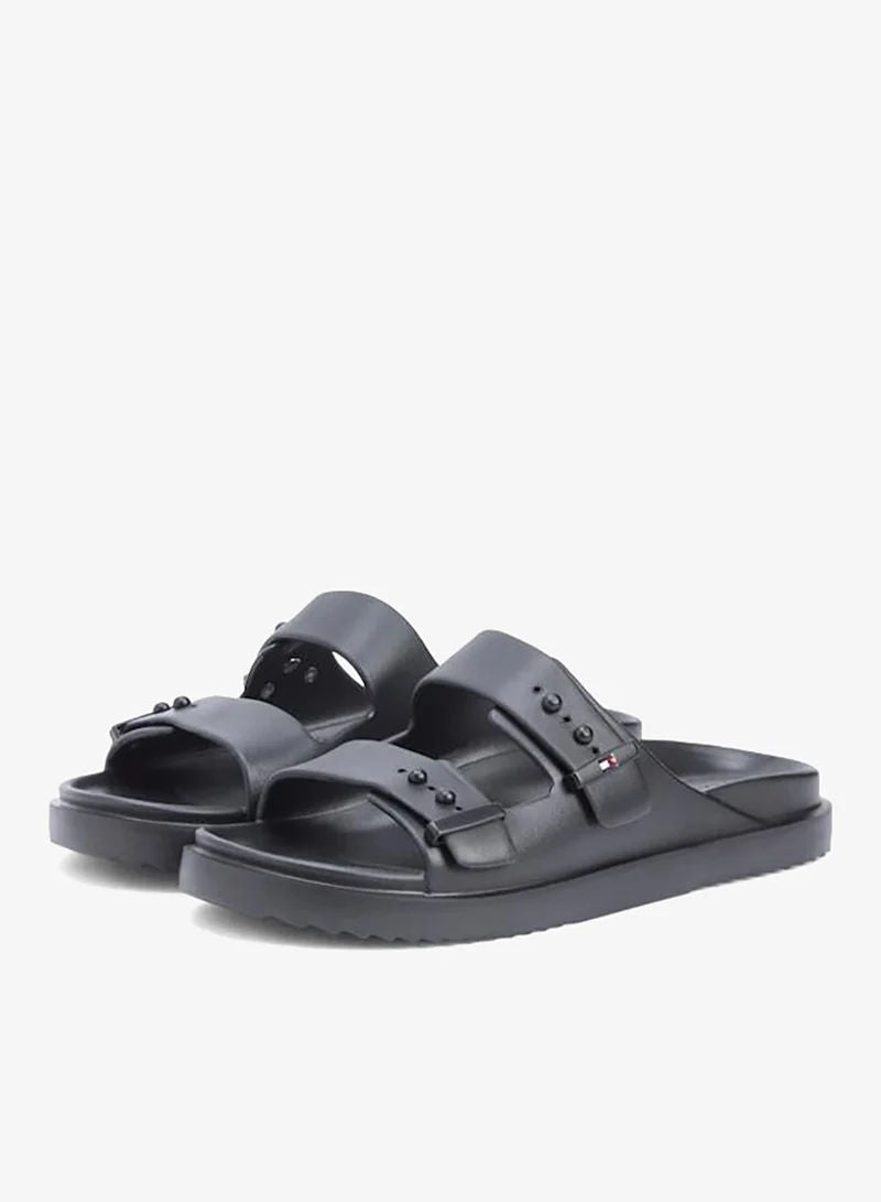 Tommy Hilfiger Black Lightweight Pin Buckle Serrated Pool Slides
