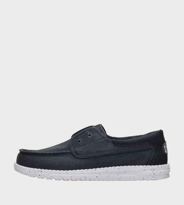 HEY DUDE Men Casual WALLY Stretch Canvas Slip-On Shoes Black