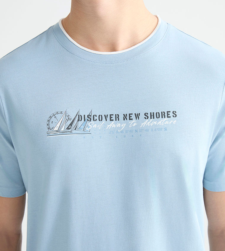 LC Waikiki Blue Printed Short Sleeve T-Shirt