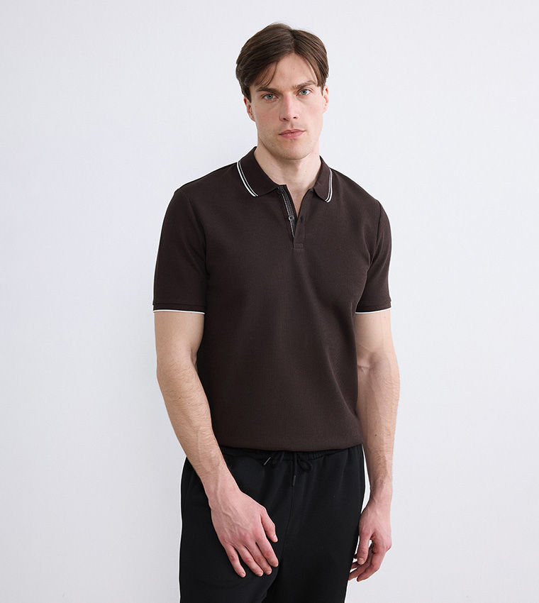 LC Waikiki Textured Short Sleeve Polo T-Shirt Brown