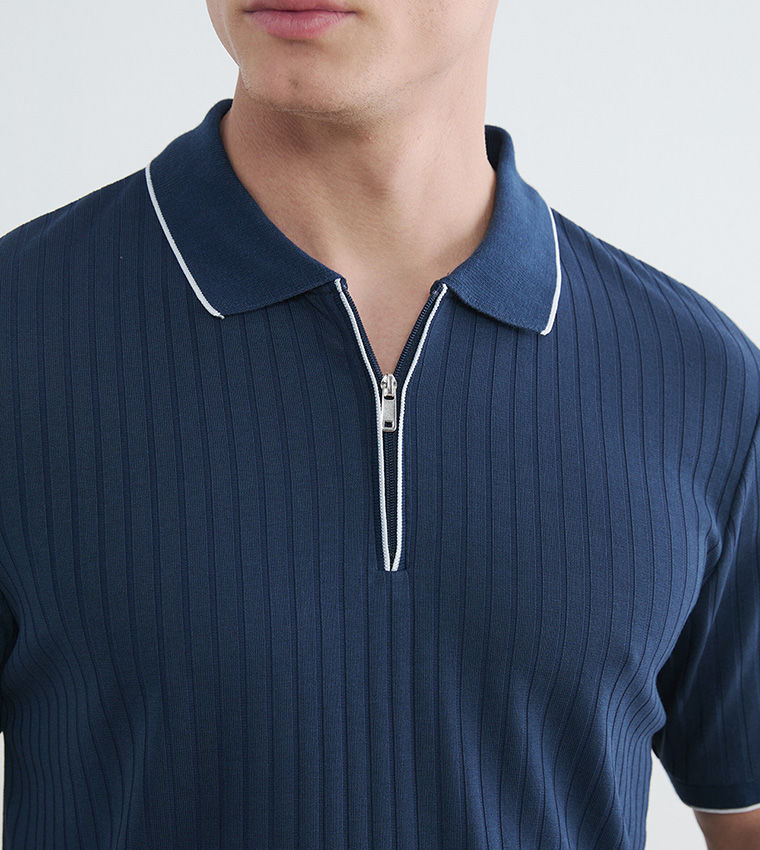 LC Waikiki Ribbed Short Sleeves Polo T-Shirt Blue