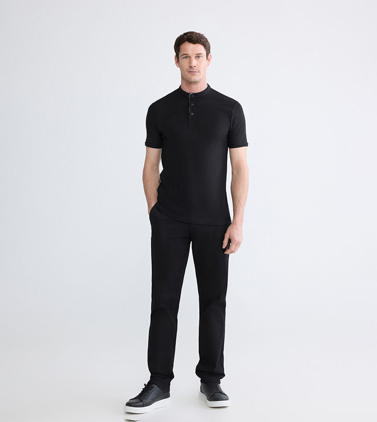 LC Waikiki Solid Mandarin Collar Short Sleeves T-Shirt Black