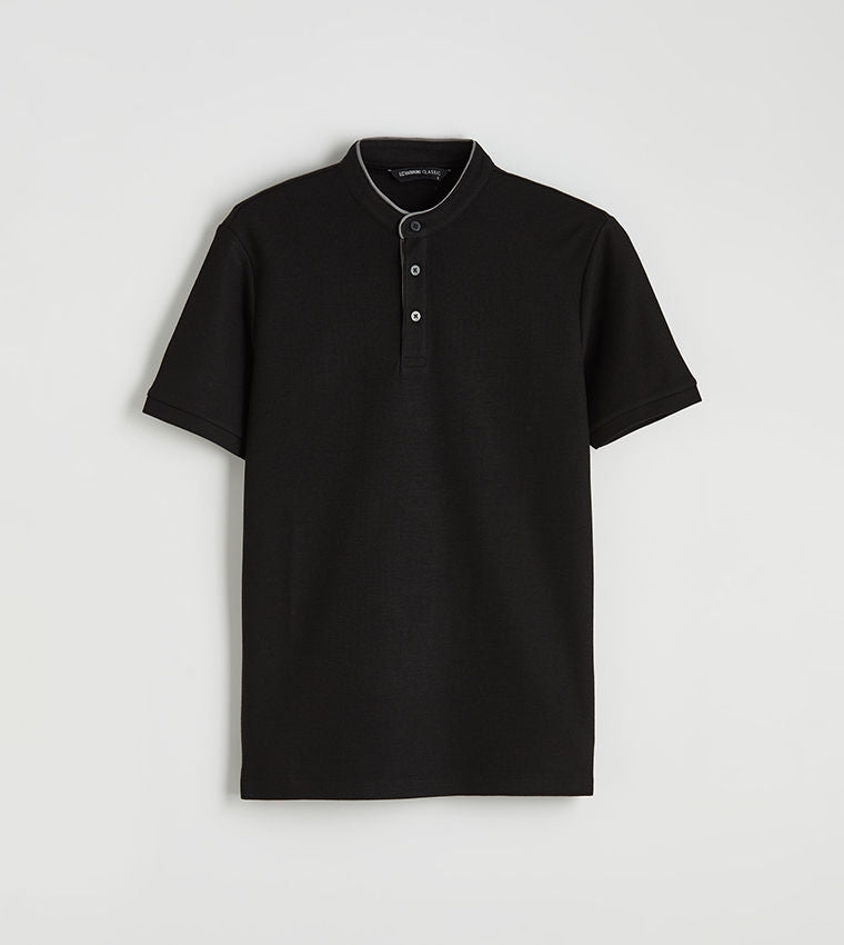 LC Waikiki Solid Mandarin Collar Short Sleeves T-Shirt Black