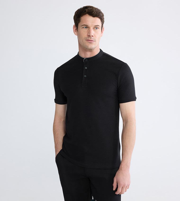 LC Waikiki Solid Mandarin Collar Short Sleeves T-Shirt Black