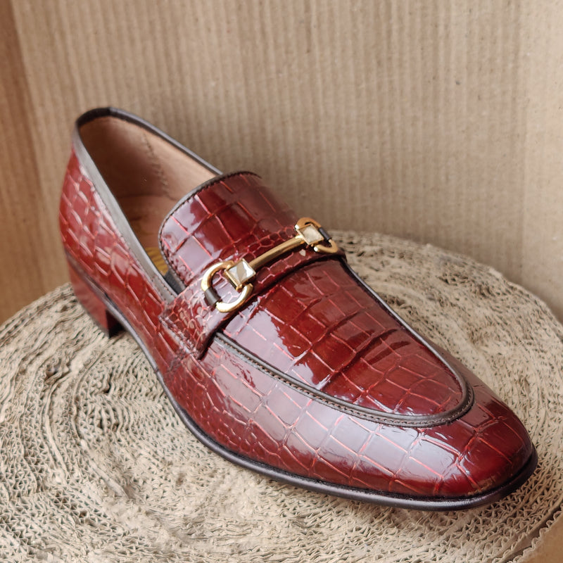 Crystal Buckle Leather Shoes Maroon - Jango Mall