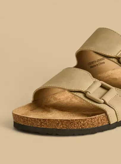 Beige Buckle Slide Sandals - Casual, Textured Slip-Ons