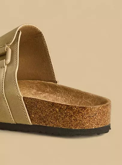 Beige Buckle Slide Sandals - Casual, Textured Slip-Ons