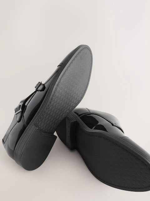 NEXT Black Patent Toecap Double Monk Shoes